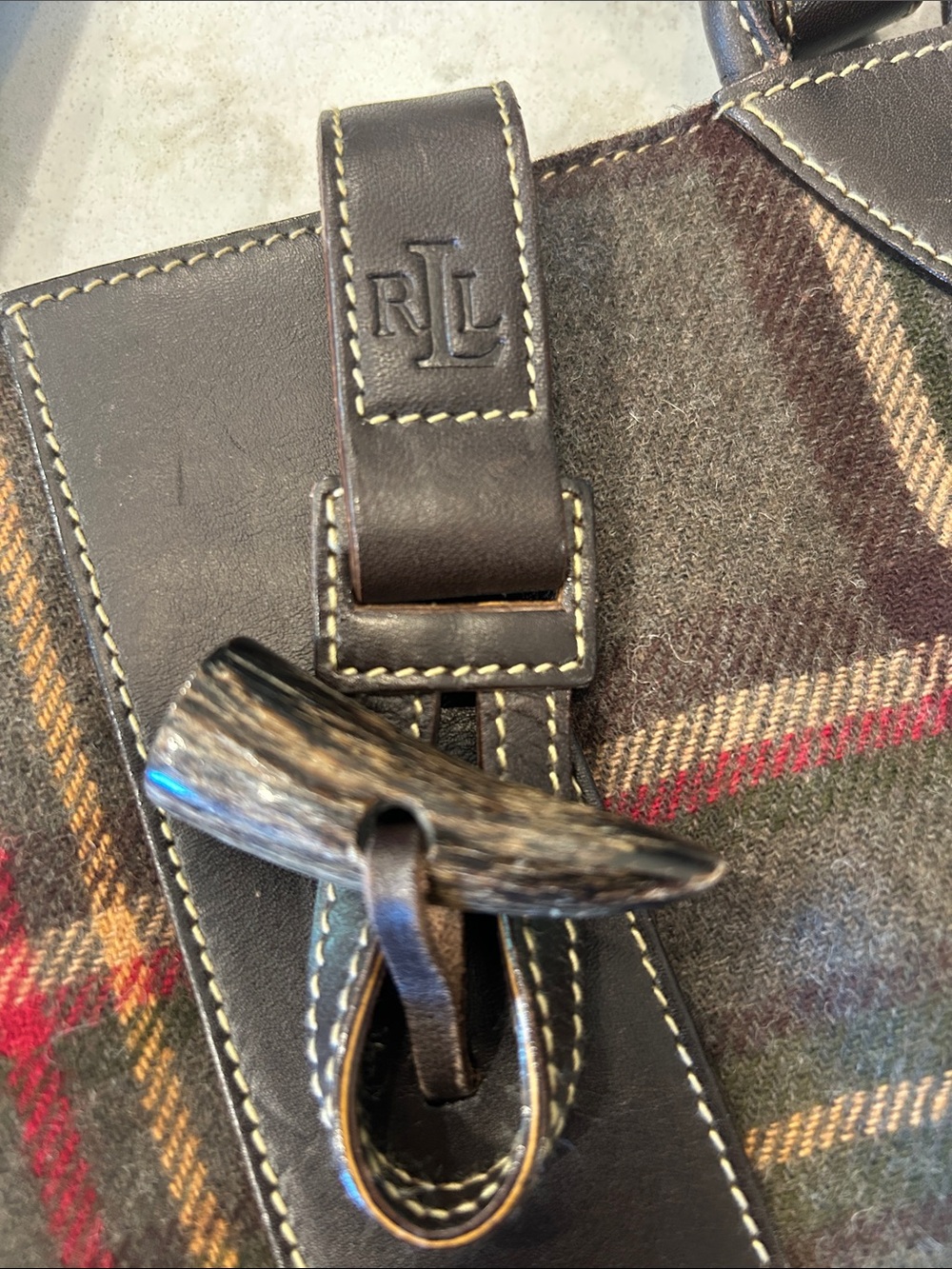 VTG Lauren Ralph Lauren Plaid Hobo Dark Brown Leather Trim Equestrian Preppy Y2K - Picture 7 of 13